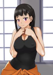 Rule 34 | 1girl, bare shoulders, black hair, black tank top, blush, breasts, breasts squeezed together, cleavage, covered erect nipples, en&#039;en no shouboutai, large breasts, long hair, looking at viewer, maki oze, orange overalls, overalls, ponytail, puffy nipples, purple eyes, sidelocks, smile, solo, solo focus, tank top, valo (jonjulio)