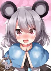 Rule 34 | 1girl, animal ears, basket, blue capelet, blush, capelet, commentary request, gradient background, grey hair, highres, jewelry, looking at viewer, mouse (animal), mouse ears, mouse girl, mouse tail, nazrin, open mouth, pendant, pink background, red eyes, ruu (tksymkw), short hair, tail, touhou, upper body