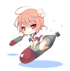 Rule 34 | 10s, 1girl, ahoge, blush, brown hair, chibi, flower, hair flower, hair ornament, i-58 (kancolle), kantai collection, open mouth, personification, red eyes, school swimsuit, school uniform, serafuku, short hair, solo, swimsuit, swimsuit under clothes, torpedo, type 95 torpedo, yuncha