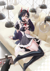 Rule 34 | 1girl, apron, azur lane, black cat, black collar, black hair, black skirt, breasts, cat, ceiling light, cirilla lin, collar, couch, frilled skirt, frills, full body, highres, horns, large breasts, long sleeves, maid, maid headdress, official alternate costume, on couch, open mouth, puffy short sleeves, puffy sleeves, short hair, short sleeves, skirt, solo, thighhighs, tongue, tongue out, ulrich von hutten (azur lane), ulrich von hutten (mayhem maid) (azur lane), white apron, yellow eyes