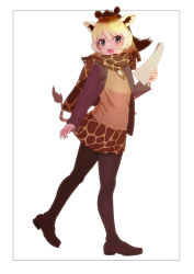 Rule 34 | 10s, 1girl, absurdres, adapted costume, animal ears, animal print, blonde hair, blue eyes, blush, brown hair, coat, commentary request, full body, giraffe ears, giraffe horns, giraffe print, giraffe tail, highres, horns, kemono friends, light brown hair, loafers, long hair, multicolored hair, pantyhose, paper, pleated skirt, ponta (matsuokazieg), ponytail, print scarf, print skirt, reticulated giraffe (kemono friends), scarf, shoes, skirt, solo, sweater, tail, walking