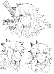 Rule 34 | 1boy, :d, ^ ^, armor, closed eyes, colored tips, cropped shoulders, expressionless, closed eyes, fate/apocrypha, fate/grand order, fate (series), flying sweatdrops, greyscale, hair between eyes, haretaka, light smile, long hair, looking at viewer, male focus, monochrome, multicolored hair, multiple views, open mouth, scar, scar on face, scar on neck, siegfried (fate), simple background, smile, weapon, weapon on back, white background