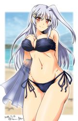 Rule 34 | 1girl, arms behind back, bikini, black bikini, blush, breasts, cleavage, commentary request, dated, artistic error, hair ornament, hairclip, head tilt, large breasts, long hair, looking at viewer, lyrical nanoha, mahou shoujo lyrical nanoha, mahou shoujo lyrical nanoha a&#039;s, navel, red eyes, reinforce, san-pon, side-tie bikini bottom, silver hair, smile, solo, strapless, strapless bikini, swimsuit, twitter username
