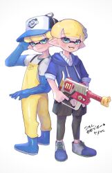 Rule 34 | 2boys, baseball cap, black leggings, black shorts, blonde hair, blue eyes, blue footwear, blue gloves, blue hoodie, boots, closed mouth, commentary request, cross-laced footwear, d msy8, full body, gloves, gun, hat, highres, holding, holding gun, holding weapon, hood, hoodie, inkling, inkling boy, inkling player character, leggings, leggings under shorts, looking at viewer, male focus, multiple boys, nintendo, open mouth, pointy ears, print headwear, rapid blaster pro (splatoon), rubber boots, rubber gloves, salmon run (splatoon), shoes, short hair, shorts, simple background, smile, splatoon (series), splatoon 3, standing, teeth, tentacle hair, translation request, upper teeth only, weapon, white background, yellow overalls