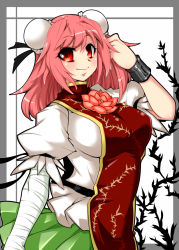 Rule 34 | 1girl, bandages, breasts, bun cover, chain, chinese clothes, cuffs, double bun, female focus, flower, highres, ibaraki kasen, large breasts, pink eyes, pink hair, short hair, smile, solo, tabard, tajima yuuki, touhou