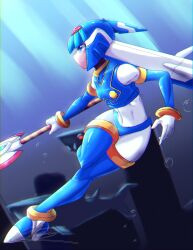 Rule 34 | 1girl, absurdres, android, blue eyes, bodysuit, boots, breasts, bubble, closed mouth, gloves, helmet, highres, holding, holding polearm, holding weapon, leg up, fairy leviathan (mega man), looking ahead, mega man (series), mega man zero (series), mmxz40, pillar, polearm, robot, robot girl, shark, signature, small breasts, spear, sunlight, thigh boots, thighhighs, underwear, water, weapon, white gloves
