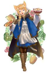 Rule 34 | 1girl, animal ears, black pantyhose, blonde hair, blue eyes, boots, bowl, braid, brown footwear, cck (ops), fangs, food, full body, hase mito klein, holding, holding bowl, holding food, long sleeves, looking at viewer, pantyhose, pepper, pixiv fantasia, pixiv fantasia mountain of heaven, solo, standing, tail, tomato, vegetable