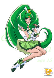 Rule 34 | 10s, 1girl, adapted costume, anniversary, arudebido, blush, bow, bowtie, brooch, character name, copyright name, cure march, full body, green eyes, green hair, green skirt, green theme, jewelry, long hair, magical girl, matching hair/eyes, midorikawa nao, aged up, ponytail, precure, shoes, skirt, smile, smile precure!, solo, tri tails, white background, wrist cuffs