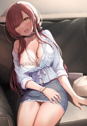 Rule 34 | 1girl, blue shirt, blush, bracelet, breast pocket, breasts, brown hair, choker, cleavage, collarbone, grey skirt, highres, idolmaster, idolmaster shiny colors, jewelry, large breasts, long hair, long sleeves, looking at viewer, mk (mod0), open mouth, osaki amana, pocket, shirt, sitting, skirt, solo, thighs, yellow eyes
