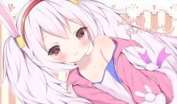 Rule 34 | 1girl, animal ears, azur lane, bare shoulders, camisole, closed mouth, eyelashes, fake animal ears, hairband, happy birthday, irokari, jacket, laffey (azur lane), light blush, long hair, long sleeves, looking at viewer, off shoulder, open clothes, pink jacket, rabbit ears, red eyes, silver hair, smile, solo, strap slip, twintails, white camisole
