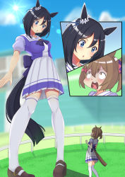 Rule 34 | 2girls, absurdres, animal ears, ao (flowerclasse), black hair, blue dress, blue eyes, breasts, brown eyes, brown hair, close-up, day, dress, eishin flash (umamusume), giant, giantess, highres, horse ears, horse girl, horse tail, large breasts, loafers, looking at another, looking down, looking up, multiple girls, open mouth, outdoors, sailor collar, school uniform, shoes, short hair, size difference, smart falcon (umamusume), standing, surprised, tail, thighhighs, tracen school uniform, twintails, umamusume, white thighhighs