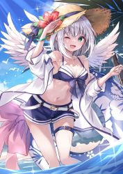 Rule 34 | 1girl, ;d, absurdres, arm up, armpits, bare shoulders, belt, bikini, blue bikini, blue shorts, breasts, cleavage, collarbone, day, feathered wings, flower, front-tie bikini top, front-tie top, green eyes, hat, hat flower, hibiscus, highres, jacket, kure~pu, looking at viewer, medium breasts, navel, off shoulder, one eye closed, open clothes, open jacket, open mouth, original, outdoors, short hair, short shorts, short sleeves, shorts, smile, solo, standing, stomach, straw hat, string bikini, sunlight, swimsuit, thigh strap, thighs, wading, water, wet, white hair, white jacket, wings