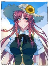 Rule 34 | 1girl, black bow, blue eyes, blue sky, blush, bow, braid, chinese clothes, cowboy shot, day, eyes visible through hair, flower, hair bow, hat, hat flower, highres, himadera, hong meiling, long hair, looking at viewer, outdoors, parted bangs, red hair, short sleeves, sky, smile, solo, straw hat, summer, sunflower, touhou, twin braids, upper body, very long hair