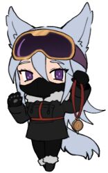 Rule 34 | 1girl, animal ears, animal hands, black coat, black footwear, black gloves, black pants, borrowed character, bright pupils, chest harness, chibi, chibi only, coat, dog ears, dog girl, dog tail, full body, fur-trimmed coat, fur-trimmed footwear, fur collar, fur trim, gloves, goggles, goggles on head, grey hair, hair between eyes, hands up, harness, holding, lapithai, long hair, long sleeves, looking at viewer, lowres, mask, medal, mouth mask, original, pants, paw gloves, purple eyes, simple background, ski goggles, solo, standing, tail, transparent background, tsurime
