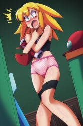 Rule 34 | 1girl, armpits, blonde hair, blush, breasts, camisole, capcom, changing clothes, clothes pull, collarbone, covering breasts, covering privates, crotch seam, embarrassed, euf-dreamer, eyelashes, female focus, green eyes, highres, holding, holding clothes, indoors, knees together feet apart, legs, long hair, looking away, mega man (series), mega man legends (series), midriff, navel, neck, open mouth, panties, pink panties, roll caskett (mega man), scene reference, shiny clothes, shiny skin, short shorts, shorts, shorts pull, sidelocks, small breasts, standing, thighs, truth, underwear, unworn clothes