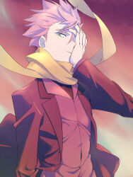 Rule 34 | 1boy, black coat, coat, green eyes, hair between eyes, hand over eye, hand up, highres, hiwomushi, id :invaded, long sleeves, looking at viewer, male focus, outdoors, pink hair, sakaido (id:invaded), scarf, short hair, solo, spiked hair, upper body, yellow scarf