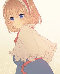 Rule 34 | 1girl, :/, absurdres, alice margatroid, aoi (annbi), blonde hair, blue dress, blue eyes, blush, capelet, closed mouth, dress, from side, hair between eyes, hairband, highres, lolita hairband, looking at viewer, looking back, red hairband, red neckwear, red sash, sash, short hair, simple background, solo, touhou, white background, white capelet