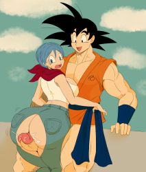 Rule 34 | 1boy, 1girl, absurdres, ass, black hair, bloxwastesyourtime, blue eyes, blue hair, breasts, bulma, buttjob, dragon ball, dragon ball super, eric lowery, grinding, grinding over clothes, highres, huge ass, huge penis, intercrural sex, large breasts, muscular, penis, precum, ripped jeans, smile, son goku, thigh sex, torn clothes, uncensored