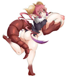 Rule 34 | 1girl, absurdres, ass, grabbing another&#039;s breast, breasts, female focus, grabbing, grabbing own breast, highres, horns, huge breasts, ilulu (maidragon), kobayashi-san chi no maidragon, looking at viewer, monster girl, nipples, open mouth, pink eyes, pink hair, pointy ears, simple background, smile, solo, suddenhack, torn clothes, white background