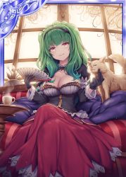 Rule 34 | 1girl, akkijin, black gloves, breasts, card (medium), cat, chair, cup, curtains, dress, gloves, green hair, hair ornament, hand fan, holding, holding fan, indoors, large breasts, long hair, looking at viewer, official art, orange eyes, purple dress, shinkai no valkyrie, sitting, teacup, window