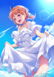 Rule 34 | 1girl, :d, alternate hairstyle, antenna hair, bare shoulders, blue sky, blush, bow, braid, breasts, cleavage, clothes lift, cloud, dress, dress lift, frill trim, frills, hair bow, halter dress, halterneck, highres, jewelry, kanabun, love live!, love live! school idol festival, love live! school idol festival all stars, love live! sunshine!!, medium breasts, necklace, off-shoulder dress, off shoulder, open mouth, orange hair, outdoors, red eyes, sky, sleeveless, sleeveless dress, smile, solo, sparkle, star (symbol), star necklace, sunlight, takami chika, teeth, twintails, upper teeth only, water, white bow, white dress