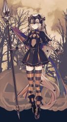 Rule 34 | 1girl, absurdly long hair, adapted costume, albino (a1b1n0623), banner, bare tree, bow, breasts, capelet, cleavage, commentary, cross, cross print, expressionless, fate/grand order, fate (series), flag, forest, full body, hair bow, hair ornament, halloween, headpiece, highres, holding, holding weapon, jack-o&#039;-lantern, jeanne d&#039;arc (fate), jeanne d&#039;arc alter santa lily (fate), linea alba, long hair, looking at viewer, nature, nobori, outdoors, polearm, pumpkin, ribbon, solo, sparkle, spear, standing, star (symbol), star hair ornament, striped clothes, striped ribbon, striped thighhighs, thighhighs, torn clothes, tree, very long hair, weapon, wrist cuffs, yellow eyes