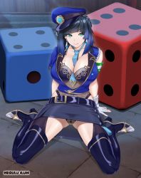 Rule 34 | 1girl, arm support, belt, between breasts, black hair, blue hair, blue hat, blue necktie, boots, breasts, closed mouth, collarbone, diagonal bangs, dice, earrings, fishnets, genshin impact, gloves, green eyes, hat, high heel boots, high heels, jewelry, large breasts, leotard, looking at viewer, merulu ilum, mole, mole on breast, necktie, necktie between breasts, peaked cap, police, police uniform, policewoman, sitting, skirt, smile, solo, thigh boots, thighhighs, uniform, vision (genshin impact), wariza, white gloves, yelan (genshin impact)