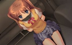 Rule 34 | 1girl, angry, arms behind back, blue eyes, bound, bound wrists, bow, brown hair, cloth gag, fringe trim, gag, gagged, improvised gag, over the mouth gag, pleated skirt, ribbon, school uniform, sitting, skirt, source request, sweater, tape, tape gag, thigh gap, tied up, twintails