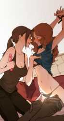 Rule 34 | 2girls, arms behind head, arms up, belt, belt buckle, blush, bound, bound wrists, breasts, brown hair, buckle, cleavage, collarbone, ermuzibu, highres, holding, holding sex toy, light brown hair, multiple girls, navel, open belt, panties, person of interest, remote control vibrator, root (person of interest), sameen shaw (person of interest), sex toy, shirt grab, underwear, vibrator, vibrator under clothes, vibrator under panties, yuri
