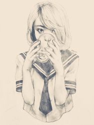 Rule 34 | 1girl, artist name, commentary request, cup, drinking glass, greyscale, holding, holding cup, looking at viewer, monochrome, necktie, original, sailor collar, short hair, short sleeves, solo, upper body, yukisita mayu