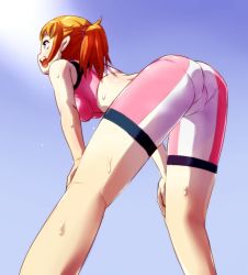 Rule 34 | 10s, 1girl, ass, bent over, bike shorts, blue eyes, breasts, brown hair, day, from behind, from below, gundam, gundam build fighters, gundam build fighters try, hoshino fumina, kakudai (hujikolp), leaning, leaning forward, looking away, medium breasts, midriff, open mouth, pantylines, ponytail, short hair, sideboob, sky, solo, sports bra, sweat