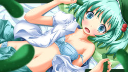 Rule 34 | 1girl, :o, blue bra, blue eyes, blurry, blush, bra, bush, cucumber, depth of field, female focus, from above, green hair, groin, hair bobbles, hair ornament, hat, highres, holding, kawashiro nitori, looking at viewer, lying, navel, neats, on back, open clothes, open mouth, open shirt, open skirt, polka dot, polka dot bra, sexually suggestive, shirt, short hair, skirt, solo, strap slip, touhou, twintails, two side up, underwear