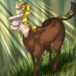 Rule 34 | animal ears, blonde hair, breasts, camisole, centaur, clothes lift, closed eyes, highres, horse ears, large breasts, long hair, monster girl, navel, nipples, original, ponytail, shirt lift, solo, taur, undressing, very long hair