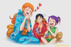 Rule 34 | 1boy, 2girls, abs, bare shoulders, black hair, blue kimono, blue ribbon, blush, bracelet, chandllucky, child, closed eyes, commentary, cross scar, earrings, english commentary, facial scar, green kimono, grin, hair ornament, hair ribbon, happy, hat, heart, highres, indian style, japanese clothes, jewelry, kimono, long hair, monkey d. luffy, multiple girls, nami (one piece), nami (one piece) (wano), one piece, open mouth, orange hair, own hands together, pearl earrings, pectorals, ponytail, purple hair, red kimono, ribbon, sandals, scar, scar on cheek, scar on chest, scar on face, simple background, sitting, sleeveless, sleeveless kimono, smile, straw hat, kurozumi tama, teeth, twitter username