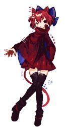 Rule 34 | 1girl, animal ears, black shirt, black thighhighs, blue bow, blush, bow, cat tail, cloak, color guide, facial mark, high collar, highres, knees together feet apart, miniskirt, pixel art, pleated skirt, red cloak, red eyes, red hair, red skirt, ribbon-trimmed bow, rrrssr, sekibanki, shirt, short hair, skirt, solo, tail, thighhighs, touhou, whisker markings, zettai ryouiki