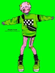 Rule 34 | 1girl, alternate costume, anna (aannnaa3), ashido mina, bandaid, bandaid on knee, bandaid on leg, black bag, black sclera, black shorts, black socks, blush, boku no hero academia, character name, checkered clothes, checkered shirt, clothes writing, colored sclera, colored skin, commentary request, earrings, fishnet pantyhose, fishnets, full body, green background, green footwear, green nails, green shirt, grin, highres, horns, jewelry, long sleeves, looking at viewer, nail polish, one eye closed, outstretched arms, pantyhose, pink hair, pink skin, shirt, shoes, short hair, shorts, simple background, smile, sneakers, socks, solo, standing, striped clothes, striped socks, vertical-striped clothes, vertical-striped socks, yellow eyes, yellow horns