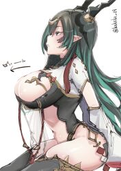 Rule 34 | 1girl, artist request, ass, black gloves, black hair, black thighhighs, blush, breast cutout, breasts, cleavage, cleavage cutout, clothing cutout, colored inner hair, detached sleeves, dragon girl, dragon horns, draph, dress, fingerless gloves, gloves, gradient hair, granblue fantasy, green eyes, green hair, hair ornament, highres, horn ornament, horns, ksksks 19, large breasts, leotard, long hair, looking at viewer, multicolored eyes, multicolored hair, navel, navel cutout, payila (granblue fantasy), pelvic curtain, pointy ears, red eyes, see-through, see-through dress, solo, stomach cutout, tassel, tassel hair ornament, thick thighs, thighhighs, thighs, two-tone eyes, two-tone hair, very long hair, white background, white gloves