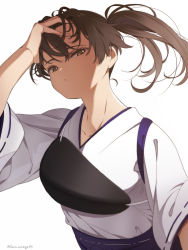 Rule 34 | 1girl, blue hakama, breasts, brown eyes, brown hair, closed mouth, floating hair, hakama, hand on own head, highres, japanese clothes, kaga (kancolle), kantai collection, laco soregashi, long hair, looking at viewer, muneate, ponytail, side ponytail, simple background, solo, tasuki, upper body, white background