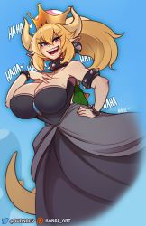 Rule 34 | 1girl, armlet, black dress, blonde hair, blue eyes, bowsette, bracelet, breasts, chain chomp, cleavage, collar, collarbone, dress, earrings, english text, hair between eyes, hand on own hip, horns, jewelry, kanel, large breasts, laughing, long hair, mario (series), new super mario bros. u deluxe, nintendo, open mouth, pointy ears, ponytail, simple background, solo, spiked armlet, spiked bracelet, spiked collar, spiked shell, spikes, strapless, strapless dress, super crown, tagme, tail