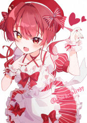 1girl absurdres apron artist_name beret bow charlotte11037 collarbone commentary dress english_commentary fang frilled_dress frills hair_bow hat heart heterochromia highres hololive houshou_marine long_hair nail_polish open_mouth red_bow red_dress red_eyes red_hair red_hat red_nails simple_background skin_fang solo striped_bow striped_clothes striped_dress twintails twitter_username v vertical-striped_clothes vertical-striped_dress virtual_youtuber waist_apron white_apron white_background wrist_cuffs yellow_eyes