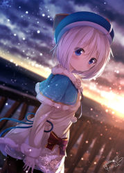 Rule 34 | .live, 1girl, animal ears, beret, black pantyhose, blue capelet, blue eyes, blue hat, blurry, blurry background, capelet, chinomaron, closed mouth, cloud, cloudy sky, commentary request, dennou shoujo siro, depth of field, dress, fur-trimmed capelet, fur-trimmed dress, fur-trimmed sleeves, fur trim, hair between eyes, hat, highres, long sleeves, looking at viewer, looking back, outdoors, pantyhose, railing, short shorts, shorts, signature, silver hair, sky, smile, snowflakes, snowing, solo, virtual youtuber, white dress, white shorts