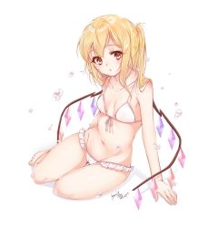 Rule 34 | 1girl, arm support, artist name, bare legs, bare shoulders, barefoot, bikini, blonde hair, blush, breasts, cameltoe, collarbone, commentary request, crystal, dated, flandre scarlet, front-tie bikini top, front-tie top, groin, haruki (colorful macaron), highres, long hair, looking at viewer, navel, no headwear, one side up, parted lips, red eyes, revision, shadow, signature, simple background, sitting, small breasts, solo, stomach, swimsuit, thighs, touhou, water drop, white background, white bikini, wings