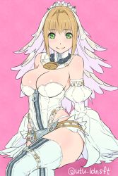 Rule 34 | 10s, 1girl, ahoge, belt, blonde hair, breasts, cleavage, detached sleeves, fate/extra, fate/extra ccc, fate/grand order, fate (series), green eyes, large breasts, leotard, nero claudius (bride) (fate), nero claudius (bride) (second ascension) (fate), nero claudius (fate), nero claudius (fate) (all), puffy sleeves, smile, solo, utu (ldnsft)