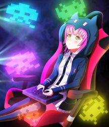 Rule 34 | 1girl, artist name, artist request, black legwear, blue jacket, blush, breasts, brown eyes, buttons, chair, collared shirt, controller, female focus, highres, hood, hood up, hooded jacket, jacket, joystick, layered skirt, long sleeves, looking at viewer, love live!, love live! nijigasaki high school idol club, love live! school idol festival, miniskirt, on chair, parted lips, pink hair, plaid, plaid skirt, pleated, pleated skirt, shirt, short hair, sitting, skirt, small breasts, smile, solo, tennoji rina, white shirt, white skirt, wing collar, yellow eyes