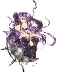 Rule 34 | 00s, 1girl, arms up, bare shoulders, breasts, broken, chain, cleavage, collar, dress, elbow gloves, facial mark, fate/stay night, fate (series), forehead mark, gloves, highres, huge breasts, long hair, looking at viewer, medusa (fate), medusa (rider) (fate), nidy, pink eyes, purple eyes, purple hair, simple background, skin tight, smile, solo, strap, strapless, strapless dress, very long hair, white background, zipper