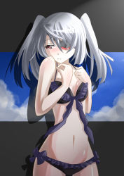 Rule 34 | 10s, 1girl, :/, bikini, blush, eyepatch, grey hair, highres, infinite stratos, laura bodewig, navel, red eyes, s040784, solo, swimsuit, twintails