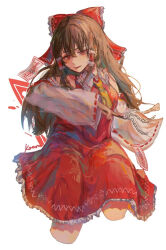Rule 34 | 1girl, ascot, bow, brown hair, commentary request, cropped legs, detached sleeves, frilled hair tubes, frills, gohei, hair bow, hair tubes, hakurei reimu, holding, holding gohei, kawm, long hair, nontraditional miko, ofuda, red bow, red eyes, red skirt, red vest, simple background, skirt, solo, touhou, vest, white background, wide sleeves, yellow ascot