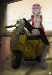 Rule 34 | 00s, 1girl, anus, boots, breasts, flcl, gloves, goggles, grin, haruhara haruko, highres, leggings, looking at viewer, motor vehicle, no panties, outdoors, pants, pink hair, ponpu (pumpkinsinclair), presenting, pussy, scarf, scooter, short hair, sky, smile, solo, spread legs, topless, torn clothes, torn pants, uncensored, vespa, yellow eyes
