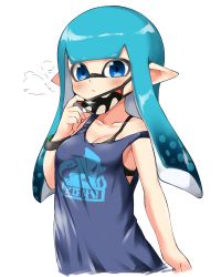 Rule 34 | 1girl, aqua hair, black bra, blue eyes, blue shirt, blunt bangs, blunt ends, blush, bra, bra strap, bracelet, breath, closed mouth, commentary, highres, inkling, inkling girl, inkling player character, jewelry, light frown, long hair, mask, mask pull, medium hair, mouth mask, nintendo, penguin maru (penginmaru), pointy ears, print shirt, pulled by self, shirt, simple background, solo, standing, strap slip, tank top, tentacle hair, underwear, white background