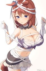 Rule 34 | 1girl, absurdres, animal ears, bandaged arm, bandaged hand, bandages, bare shoulders, black skirt, blue eyes, blush, breasts, brown background, brown hair, cleavage, commentary request, gradient background, hair between eyes, halloween, hands up, highres, hirota fruit, horse ears, horse girl, horse tail, long hair, medium breasts, nail polish, official alternate costume, pantyhose, parted lips, purple nails, skirt, solo, super creek (chiffon ribbon mummy) (umamusume), super creek (umamusume), tail, torn clothes, torn pantyhose, umamusume, white background, white pantyhose